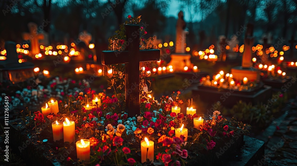 Obraz premium all souls day cross with burning candles in the cemetery digital illustration