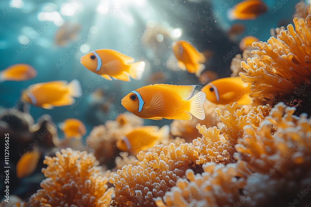 Fototapeta premium A school of vibrant orange clownfish swim amongst a coral reef