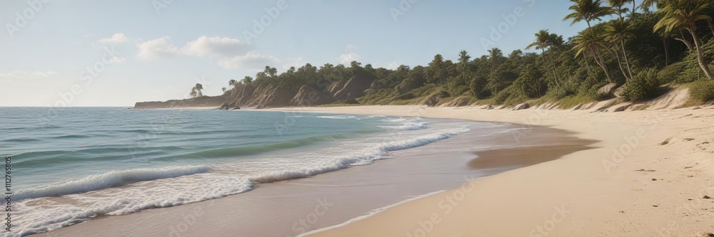 Obraz premium Serene beach scene with a sandy shoreline and calm sea, serene, tranquil atmosphere, beach