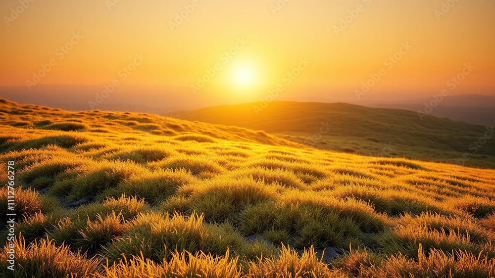 Obraz premium Soft golden light on peat moss patch during sunrise, nature scene, dawn light, natural beauty