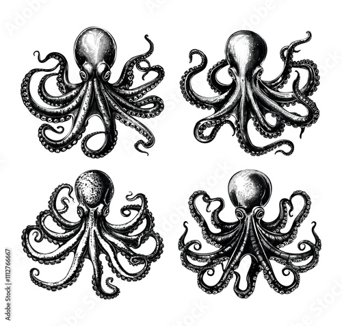 Engraving octopus. Marine creature with suction tentacles and cups, ocean squid mollusks animal, underwater hunter seafood hand drawn black ink sketches isolated vectors on white
