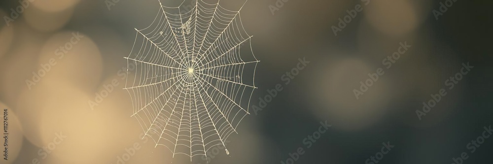 Fototapeta premium The soft focus of a misty morning captures the ethereal beauty of a cobweb covered in dew, spider web, insects, foggy landscape