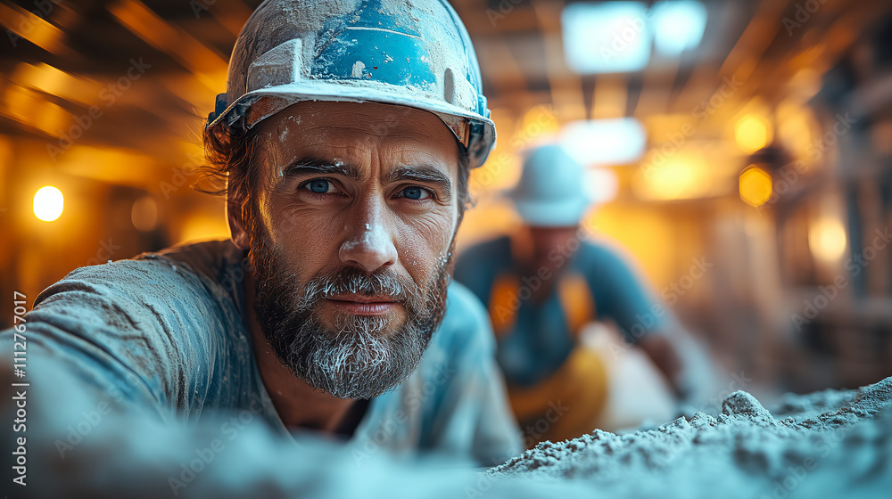 Construction workers focused on their tasks in a dimly lit building site during late afternoon hours. Generative AI Construction workers focused on their tasks in a dimly lit building site during late afternoon hours. Generative AI