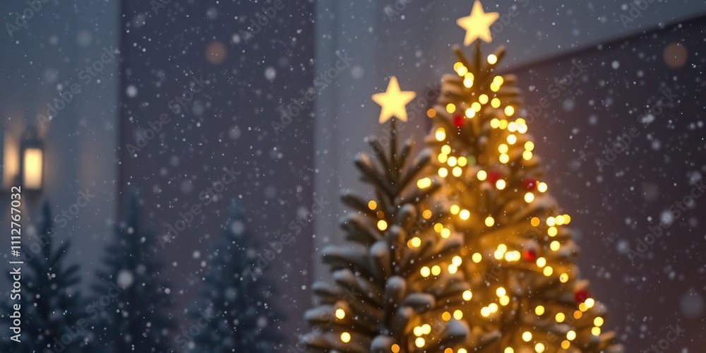 The soft glow of Christmas tree lights shines through the falling snow, twinkling lights, peaceful winter wonderland, wintery atmosphere The soft glow of Christmas tree lights shines through the falling snow, twinkling lights, peaceful winter wonderland, wintery atmosphere