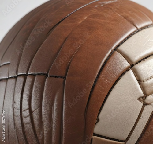 The stitching and details of a leather volleyball are the main focus in this close-up image set against a white background, game gear, textures photo