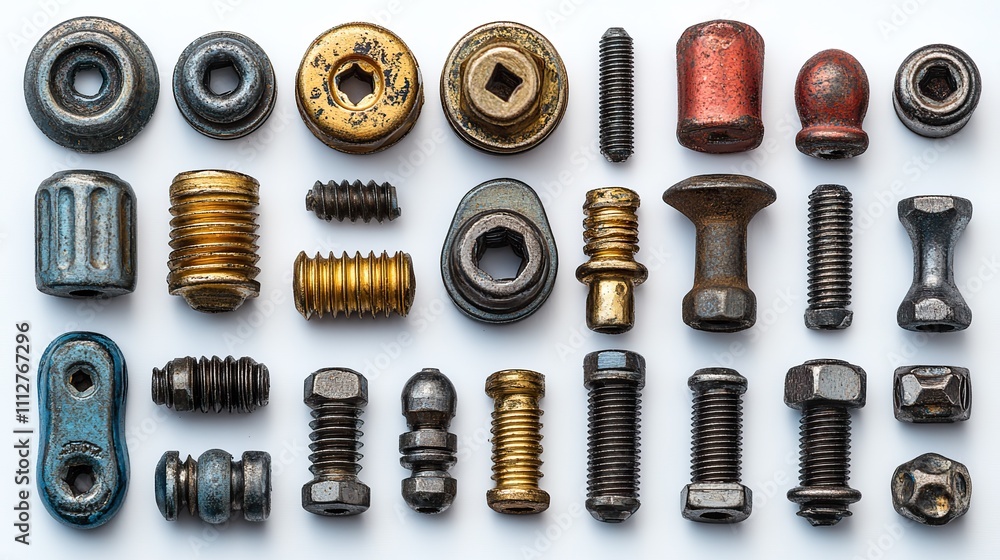 Fototapeta premium an isolated collection of screws nuts rivets and nails on a white background creative layout using vintage tools top view flat la