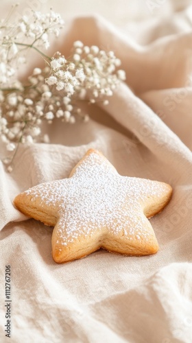 Baking delight star-shaped cookie dusted with powdered sugar on soft fabric background for festive treats