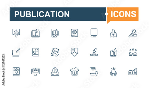 Publication icon collection. Featuring textbook, stroke, publishing, thin, literature, digital, line, bookstore. Modern thin icons. Vector icons editable stroke.