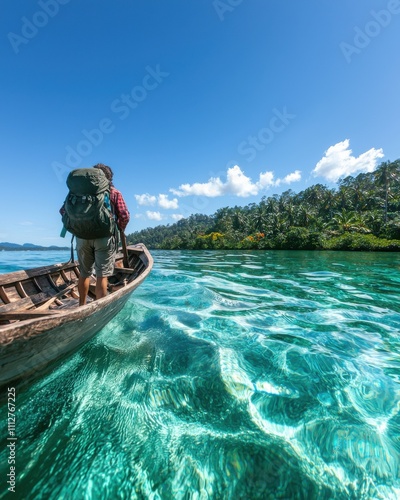 Solo backpacker embarking on a small wooden boat adventure in crystal clear waters tropical paradise scenic viewpoint for travel enthusiasts photo