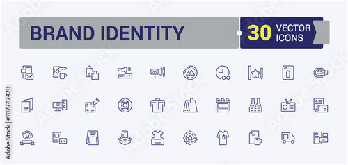 Brand Identity icon collection. Includes icons for value, social, development, idea, vision, branding. Thin linear style icons. Editable stroke. Vector illustration.