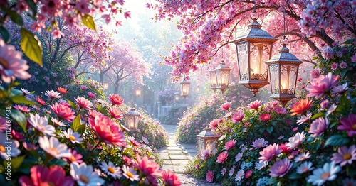 Vibrant garden filled with glittering flowers and delicate crystal glass lanterns , colorful, vibrant, garden photo