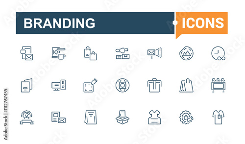 Branding icon set. Includes thin line identity, advertising, branding, web, development, positioning, innovation, vision. Simple line vector. Editable vector stroke.