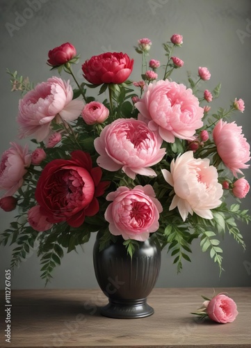 Vintage floral bouquet with red roses and pink peonies, arrangement, red, wedding flowers