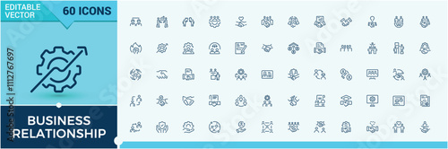 Set of Business Relationship line icons. Contains related to negotiation, assistance, service, business, partnership and more. Thin UI icon design. Vector icons editable stroke.