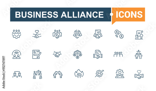 Business Alliance icon pack. Includes icons for business, teamwork, handshake, collaboration, project, company and more. Minimalist thin linear icon. Editable vector illustration.