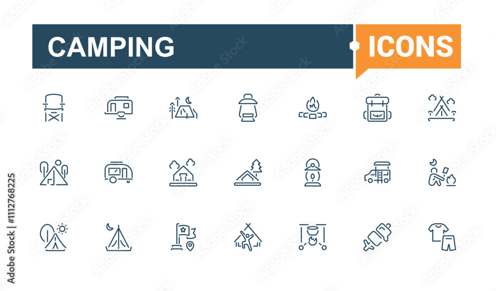 Camping icon set. Includes thin line map, tent, hiking, campfire, fish, tour, tree, travel. Simple line vector. Vector icons editable stroke. Camping icon set. Includes thin line map, tent, hiking, campfire, fish, tour, tree, travel. Simple line vector. Vector icons editable stroke.
