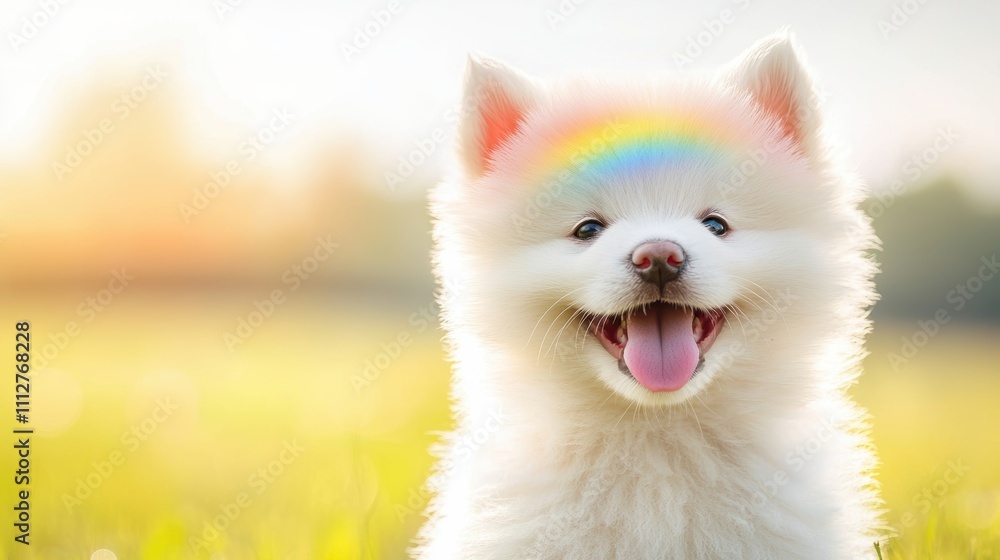 A fluffy white dog with a rainbow painted on its fur, smiling cheerfully with its tongue out, against a sunny background.