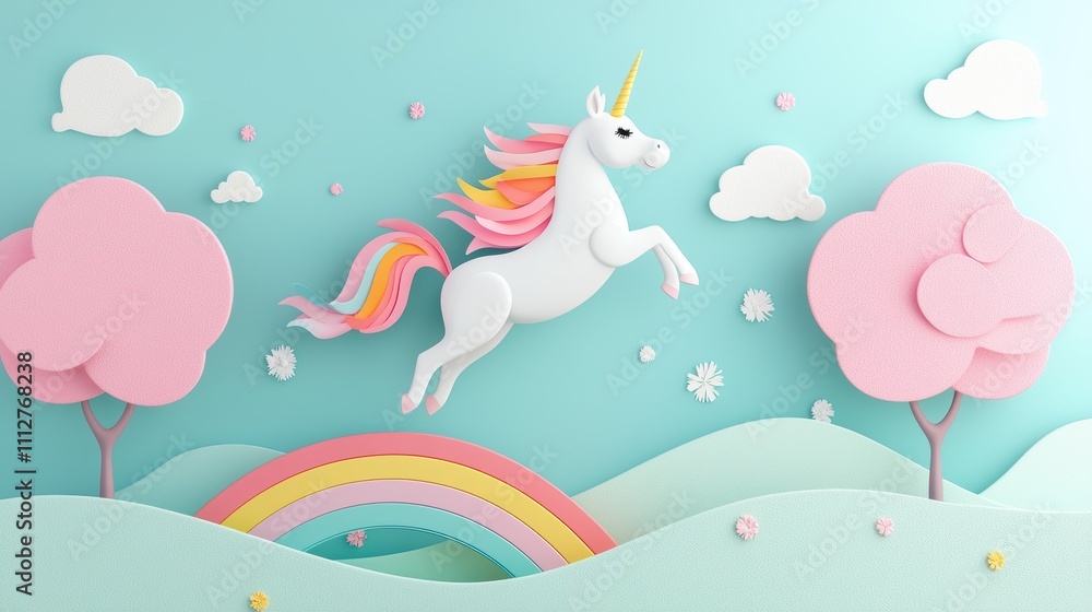 A cartoon unicorn with a flowing rainbow mane and tail leaping playfully over a rainbow in a whimsical landscape. A cartoon unicorn with a flowing rainbow mane and tail leaping playfully over a rainbow in a whimsical landscape.