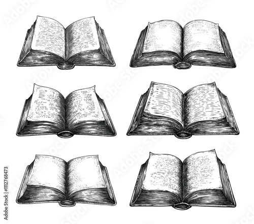Engraving open ancient book. Old manuscript tome with writings, antique historic vintage aged volume handbook, monochrome hand drawn black ink sketch isolated vectors