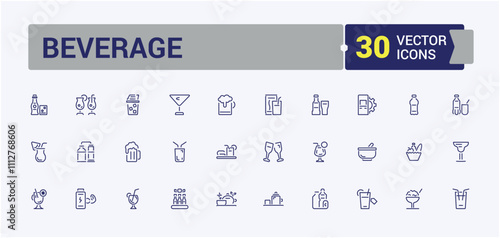 Beverage icons. Includes thin line smoothie, champagne, thin, servers, banqueting, pubs, milk and more. Simple line vector. Editable stroke.