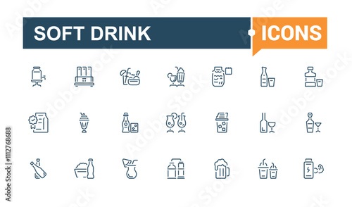 Soft Drink line icons set. Contains such icons as menu, icons, cuisine, banqueting, supplements, takeaways, drinks, color. Thin linear style icons. Editable stroke.