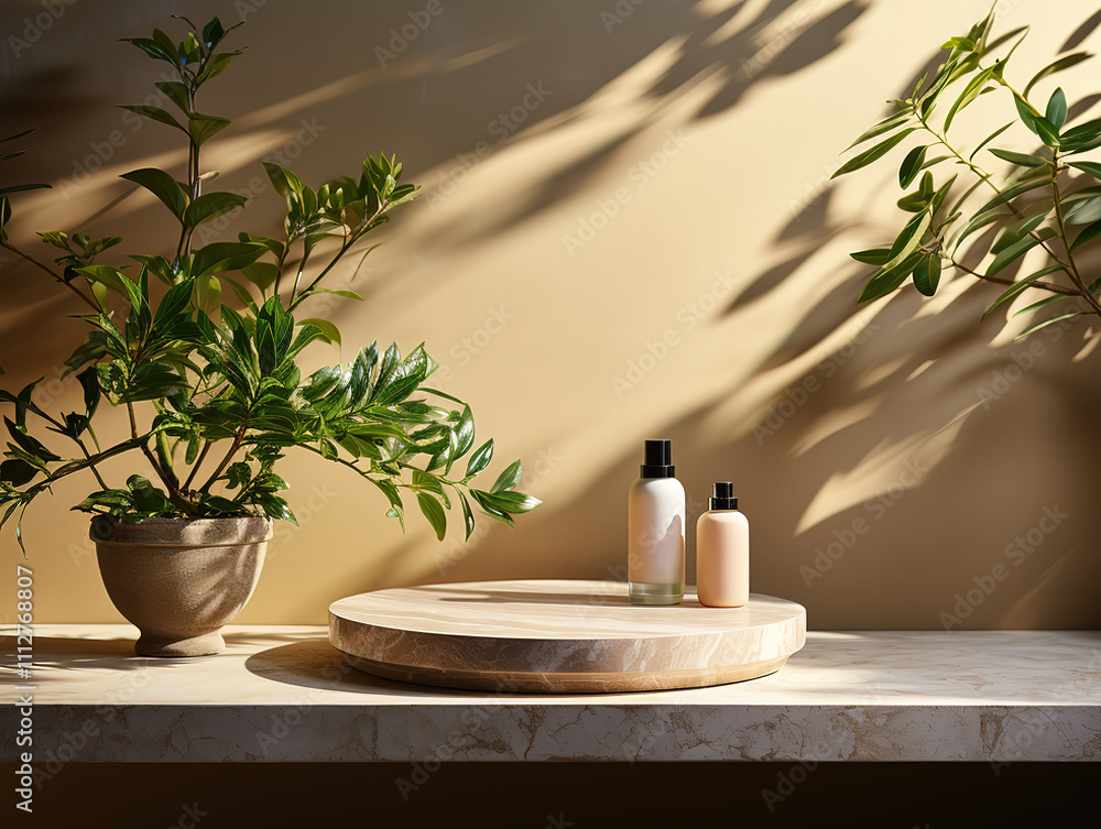 Elegant Cosmetic Display with Greenery Elegant Cosmetic Display with Greenery