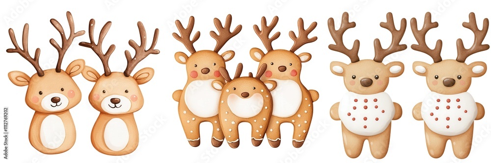 Obraz premium Christmas sweet, Watercolor, Clipart. Cute cartoon reindeer characters with antlers and festive attire.