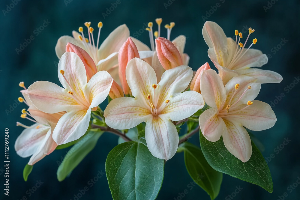 Fototapeta premium Delicate Peach Azalea Blooms Cluster Close Up