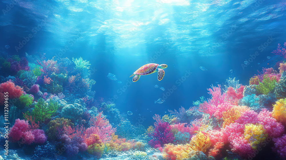 Fototapeta premium A sea turtle swims in the ocean, against a backdrop of colorful corals.