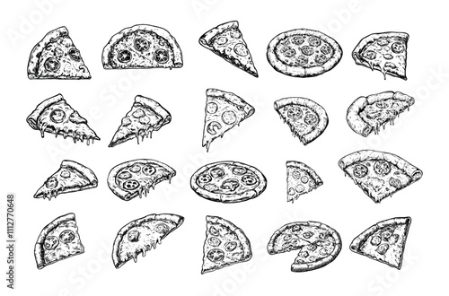 Engraving pizza. Italian traditional fast food with meat sausages vegetable and melted cheese, restaurant street meal baking flatbread pie, hand drawn isolated vector on white background