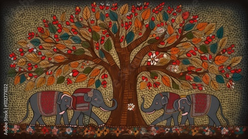 Majestic Elephants Underneath a Bountiful Tree: A vibrant folk art painting photo