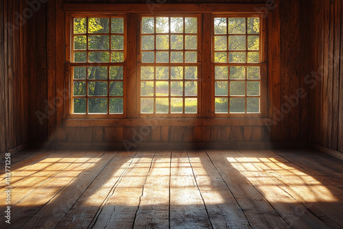 Sunlight streams through three large windows in a rustic wooden room