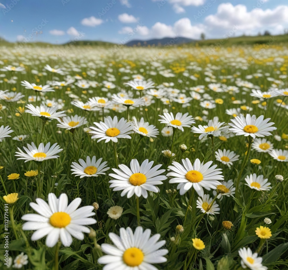 Fototapeta premium A field of white daisies and yellow wildflowers swaying in the wind on a sunny day, sunflower fields, countryside, wildflowers