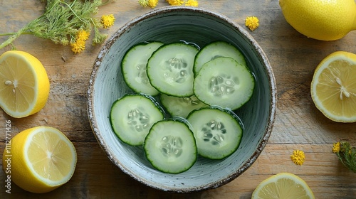 Cucumber slices arranged like a flower, served on a ceramic plate with decorative edible flowers photo