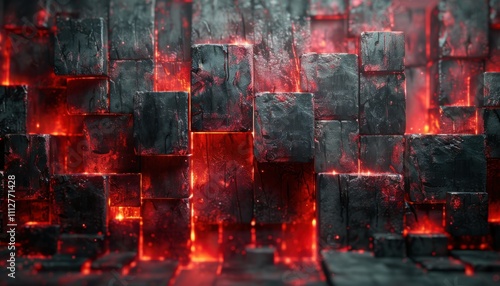 A wall made of black blocks with red flames coming out of it
