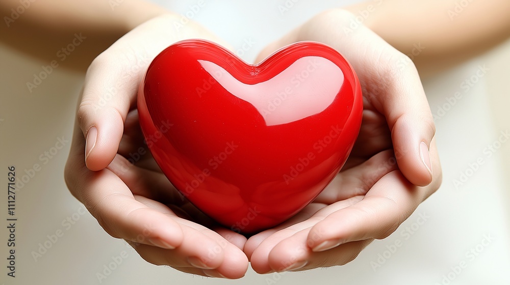 Fototapeta premium A close-up of two hands softly cradling a smooth, red, heart-shaped object, beautifully symbolizing love, affection, and care. The warm tones and gentle gesture evoke the spirit of Valentine's Day