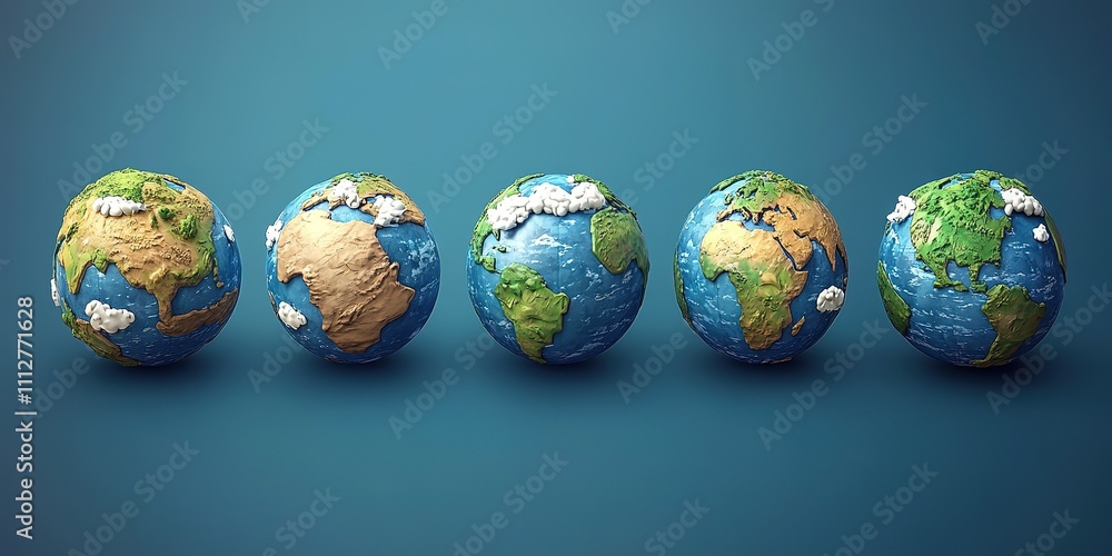 Colorful globe models displaying Earth's continents and oceans in a creative design setting Colorful globe models displaying Earth's continents and oceans in a creative design setting