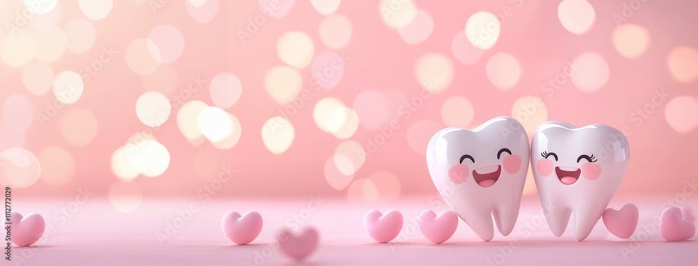 Two adorable tooth characters with blush smiling together by pink hearts, creating a romantic and playful Valentine's Day in dentistry. A gradient pink background copy space, dentist day, happy teeth Two adorable tooth characters with blush smiling together by pink hearts, creating a romantic and playful Valentine's Day in dentistry. A gradient pink background copy space, dentist day, happy teeth