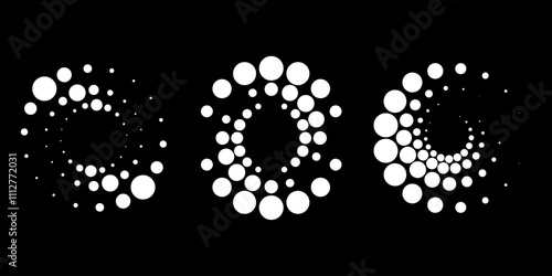 Set of white dotted vortex shapes. Geometric art. Halftone dots. Trendy design element for logo, tattoo, sign, symbol, web, prints, posters, social media, template, pattern and abstract background