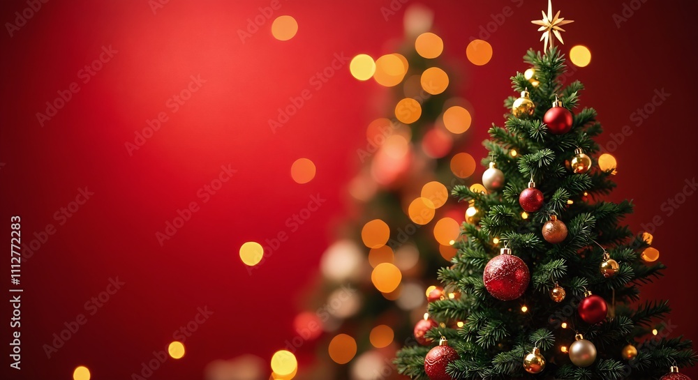 Elegant Christmas trees adorned with ornaments and lights against a festive red background Elegant Christmas trees adorned with ornaments and lights against a festive red background