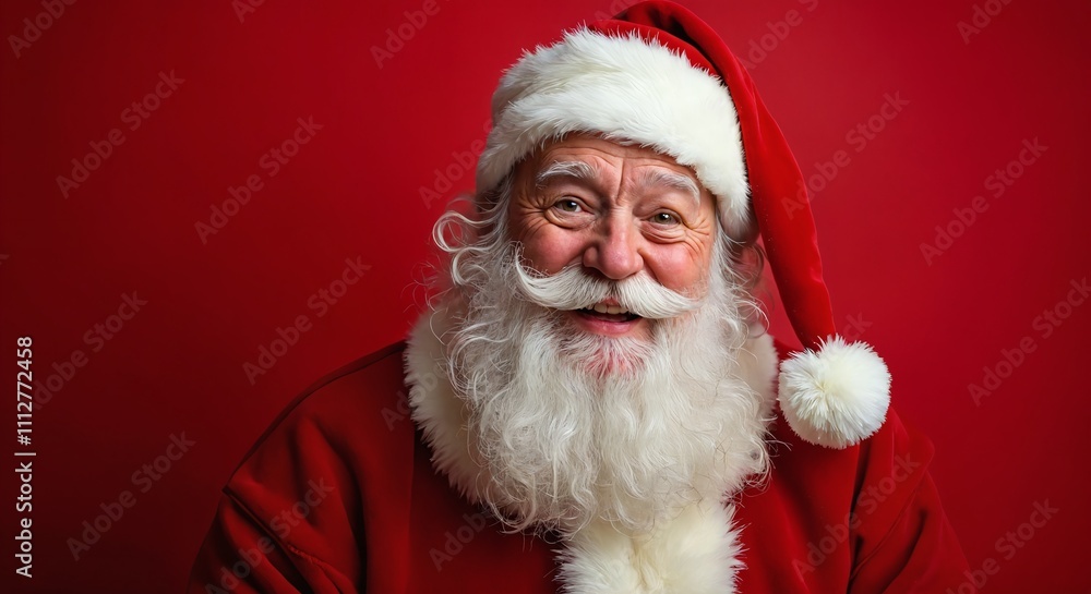 Jolly Santa Claus with white beard smiling against a red background during the holiday season Jolly Santa Claus with white beard smiling against a red background during the holiday season
