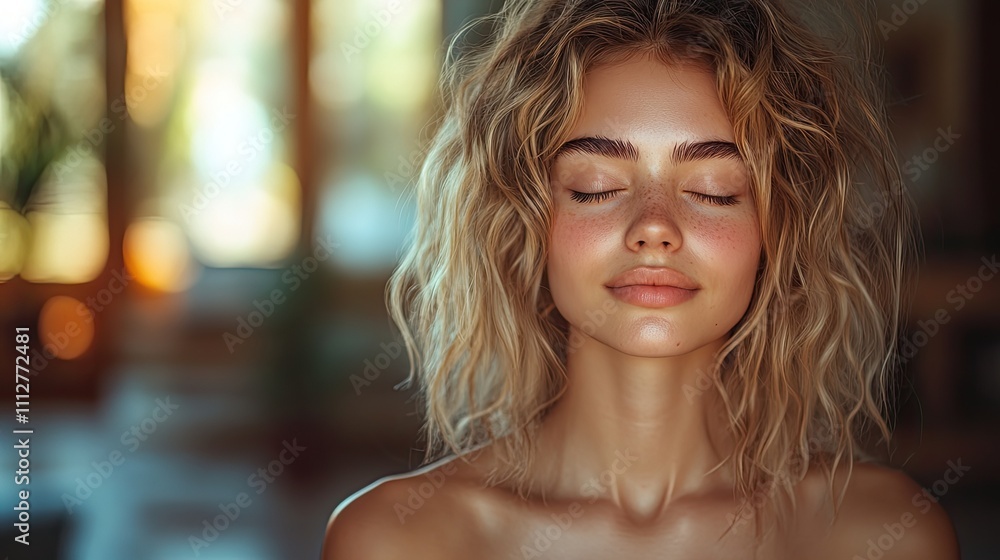 Fototapeta premium beautiful young woman praying in the morning at home girl with closed eyes