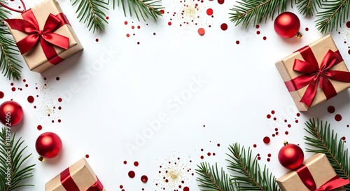 Holiday decorations featuring gift boxes, ornaments, and greenery arranged on a white background