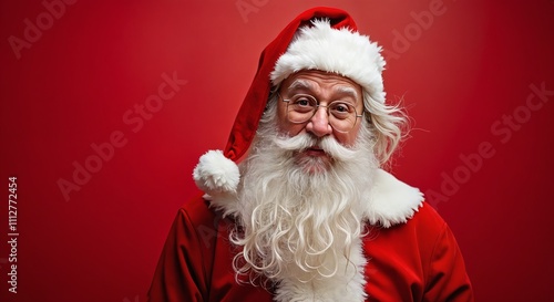 Charming Santa Claus with white beard, glasses, and red suit stands against a festive red background during the holiday season photo