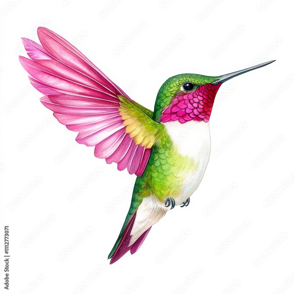 Fototapeta premium Artistic hummingbird close-up in serene pink and green watercolor