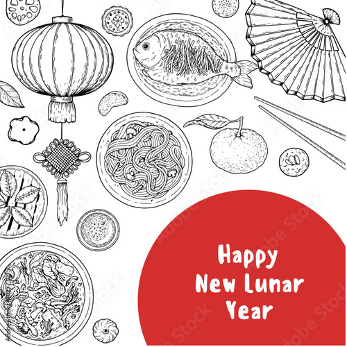 Foods of Chinese Lunar New Year. Hand drawn vector illustration. Chinese Food sketch. Holiday menu. Food design template.