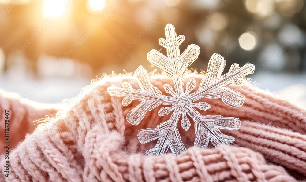 Clear snowflake rests on soft, knitted, warm, light-pink wool, against a blurred winter background with sunlit bokeh. Clear snowflake rests on soft, knitted, warm, light-pink wool, against a blurred winter background with sunlit bokeh.