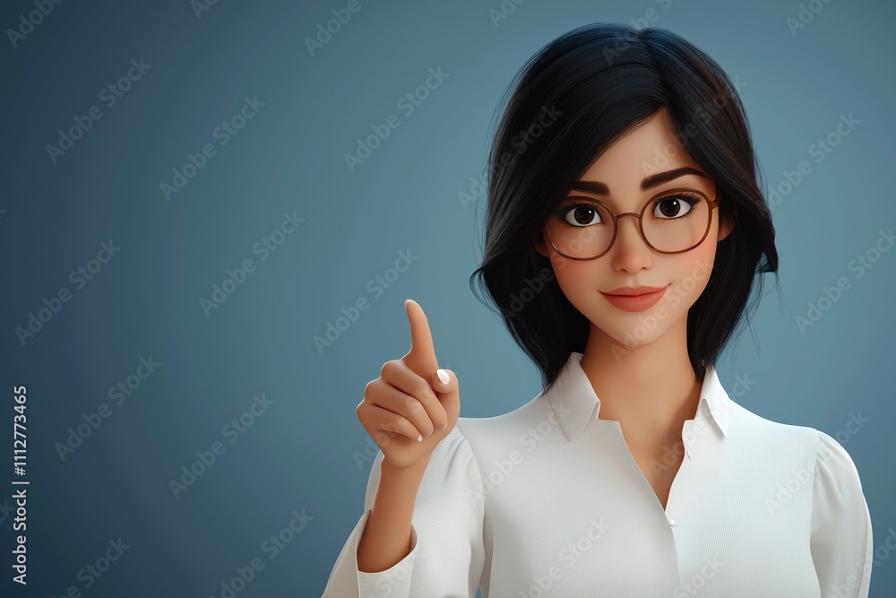 A 3D cartoon character with long dark hair, wearing glasses and a white blouse, pointing with a confident and professional expression against a blue background A 3D cartoon character with long dark hair, wearing glasses and a white blouse, pointing with a confident and professional expression against a blue background
