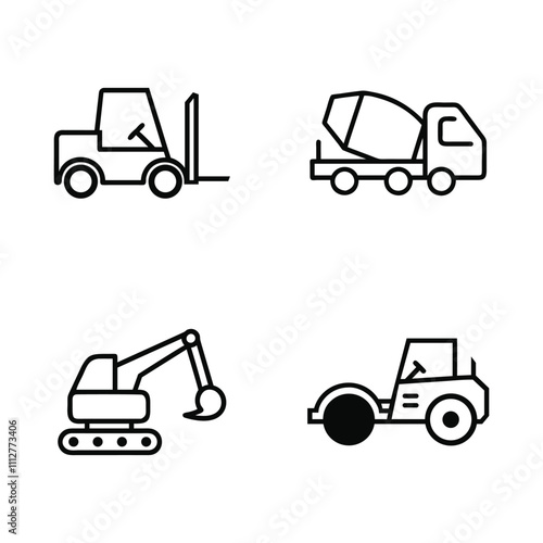Construction Vehicle Excavator Bulldozer Mixer Truck Road Roller Line Art Icon Set Vector