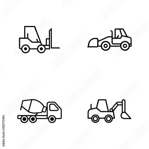 Construction Vehicle Excavator Bulldozer Mixer Truck Road Roller Line Art Icon Set Vector